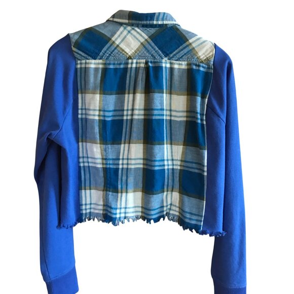 Cropped Plaid Shirt, Size S-M: Blue Sweatshirt Jacket, Upcycled Grunge Style - Picture 2 of 10